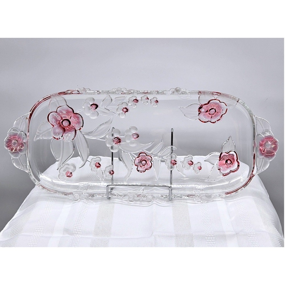 Mikasa Studio Nova Winter Rose‎ Glass Serving Tray Pink Floral Platter Handles